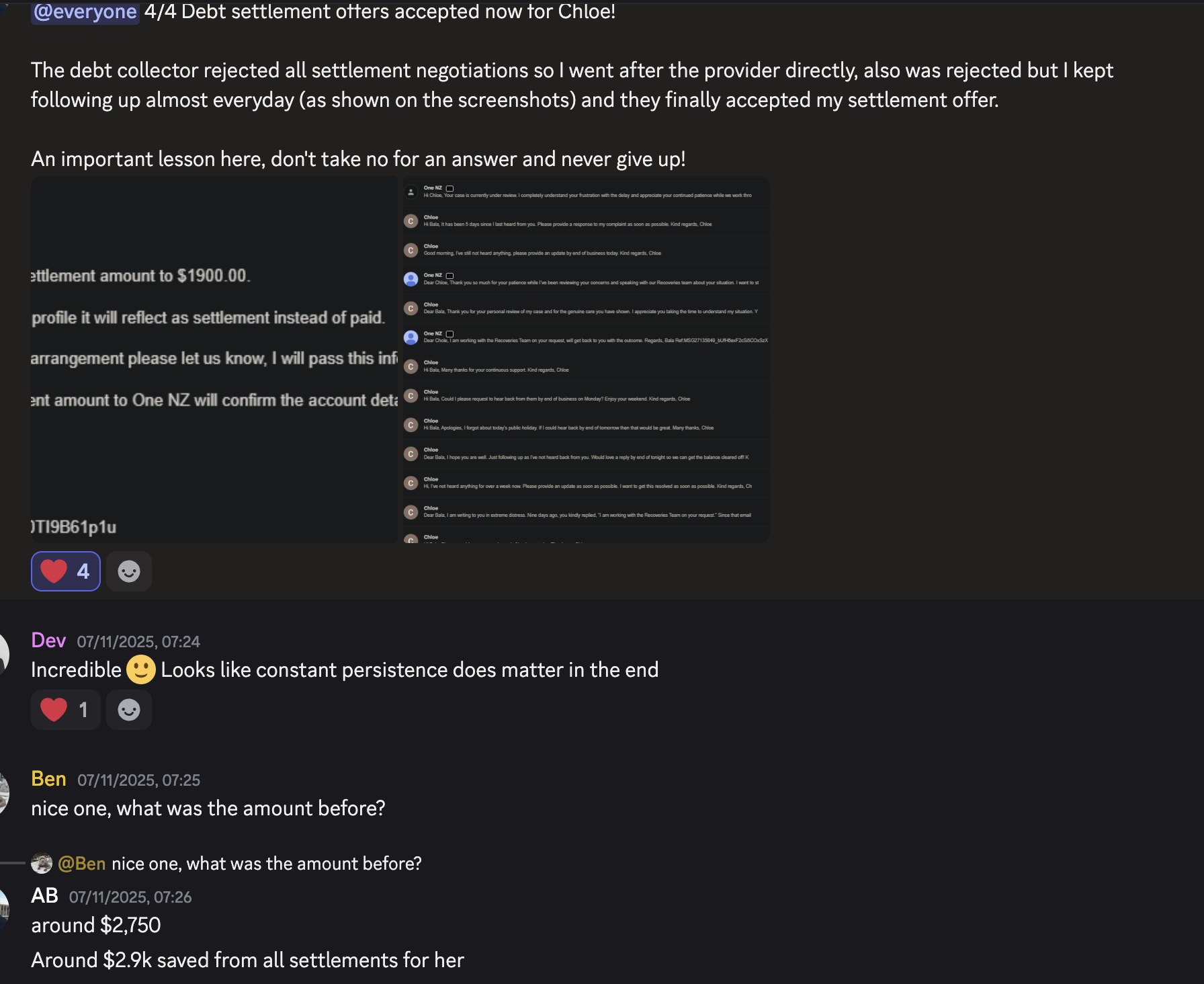 Slack post: 4/4 debt settlement offers accepted for Chloe, around $2,750 saved