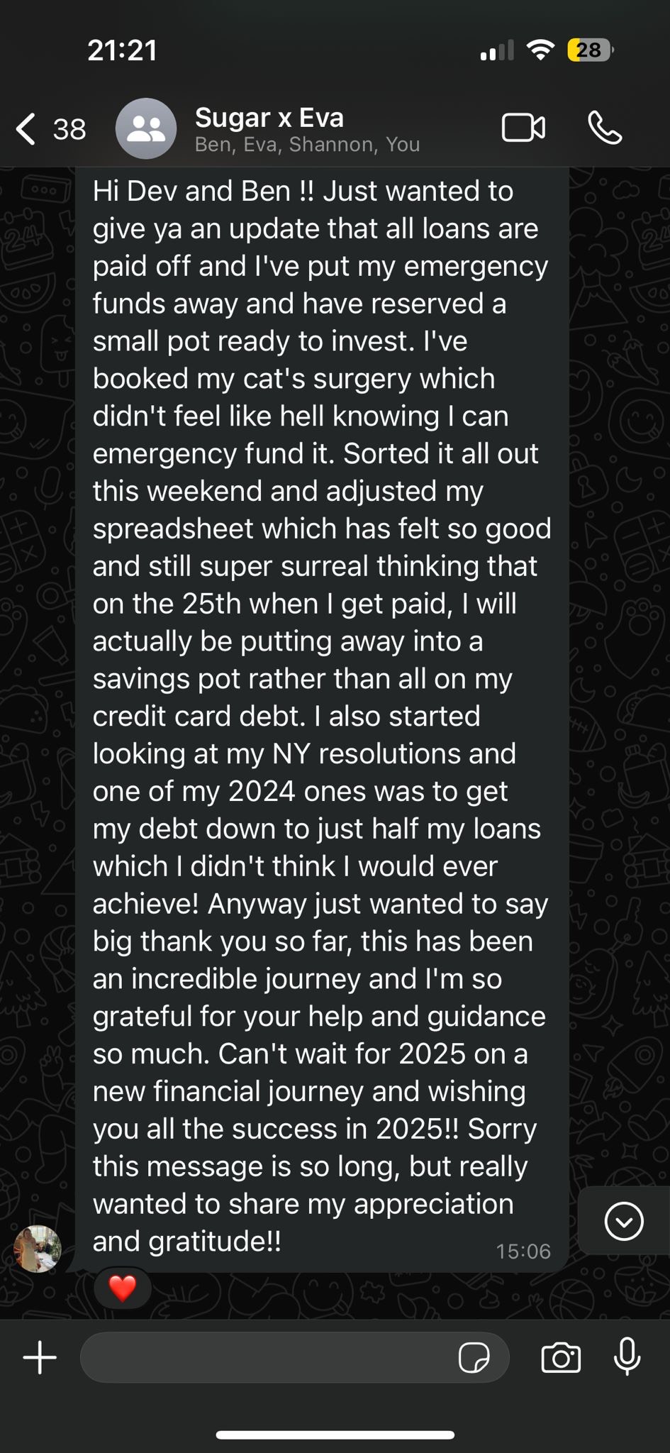 WhatsApp message from Eva thanking Sugar for helping her pay off all loans, book her cat's surgery, build an emergency fund, and start investing